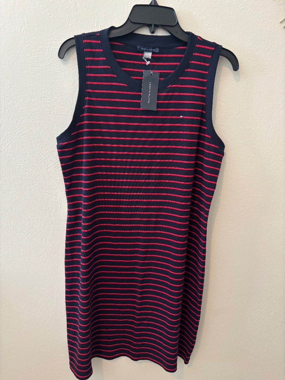 Tommy Hilfiger Women's Red and Blue Short, Sleeveless Striped Dress - Size XL